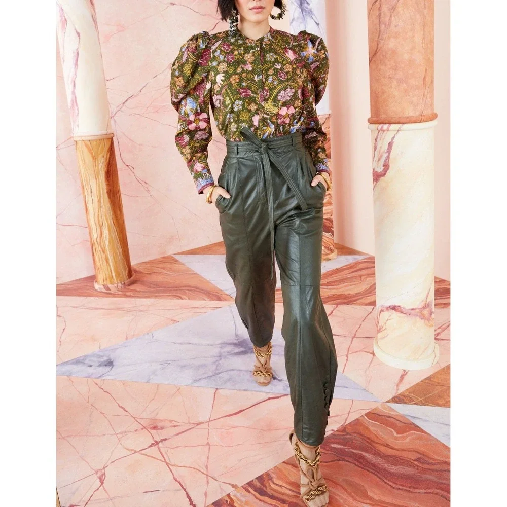 Ulla Johnson Willa Puff Sleeve 100% Cotton Blouse Pine Green Floral Size 0 $275